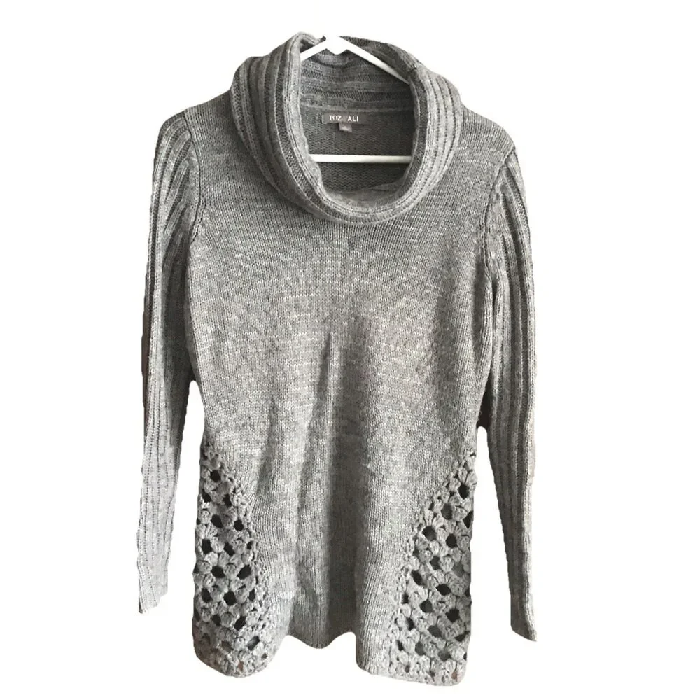 Roz & Ali Ribbed Cowl Neck Sweater Wool Blend Lattice Detail Medium Boho